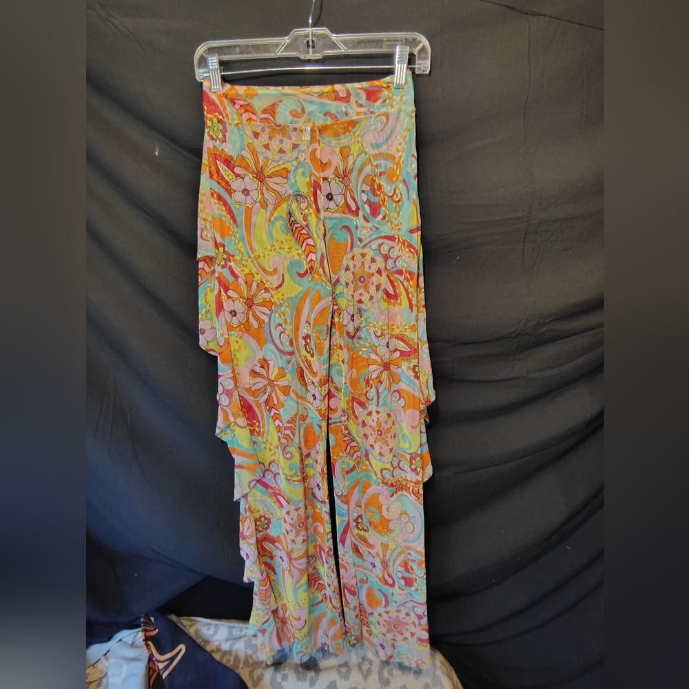 Love Multicolor Floral Paisley Wide-Leg Pants in Aqua, Coral & Yellow